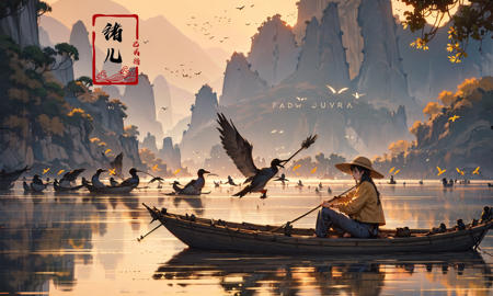 landscape, Guilin, China, iconic symbol of China's natural landscapes, Fishermen casting nets on the Li River with cormorant birds with a Cute girl touch, captured in the evocative style of the soft orange glow of the setting sun. A narrow alley on the right provides a glimpse of a tranquil garden filled with vividly blooming flowers. Ultra HD, 8K, with fine details, bringing the textures of the scene alive. Featuring: Lomography , Extreme wide portrait , 3D rendering , symmetrical composition , UHD , Wide angle lens,
Ink style, A shot with tensiondetailed backgroundDouble exposure,masterpiece, professional artwork, famous artwork,
<lora:~Q?-\ql4nY+:0.8>