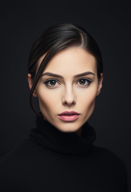<lora:jana-defi:1>
 close-up, high-fashion portrait of a woman with striking eyes and a calm, confident expression, looking at the camera. She wears a sophisticated black outfit that exudes elegance and minimalism. The background is a smooth gradient of dark gray, enhancing the overall refined and contemporary aesthetic. The lighting is soft yet directional, highlighting her flawless complexion and subtle makeup, with a focus on her eyes and cheekbones. The mood of the portrait is polished, modern and artistic