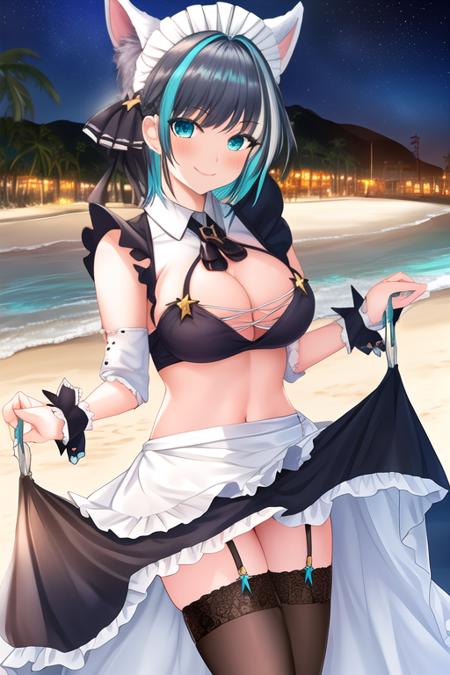 masterpiece, best quality, highres, solo, {night:1.10}, {starry sky:1.10}, beach, beautiful detailed sky, {extremely detailed background:1.20}, {cheshire_azurlane:1.10}, {standing:1.10}, looking at viewer, {bikini:1.30}, breasts, multicolored_hair, streaked_hair, large_breasts, cleavage, animal_ears, black_hair, aqua_eyes, maid_headdress, smile, ribbon, wrist_cuffs, maid, bangs, blush, two-tone_hair, hairband, garter_straps, short_hair, blue_eyes, fake_animal_ears, aqua_hair, light smile