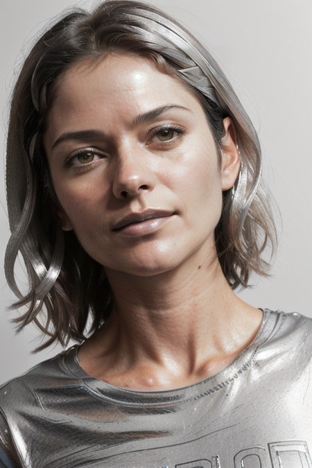 JillHennessy, ((t-shirt:1.5)), studio lighting, (closeup on upper body:1.3), (oiled shiny skin, tilted angle shot, 8k uhd, best quality, masterpiece, sharp focus:1.4), (shiny silver backdrop:1.7)