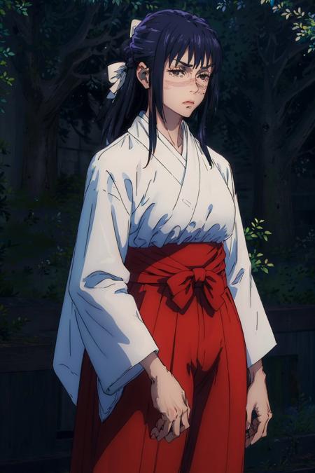 (masterpiece, best quality:1.2), <lora:jjk_iori-10:1>, cowboy shot, solo, 1girl, iori utahime, scar on face, expressionless, closed mouth, looking at viewer, hair bow, japanese clothes, red hakama skirt