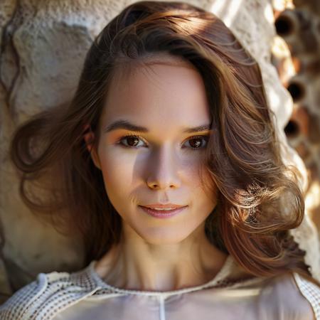 symmetrical headshot, honest, RAW, warm tones, sharp face focus, (skin pores:0.1), wavy auburn hairstyle, ((ohwx woman)), (wearing a sheer white designer blouse:0.1), hyper detailed, soft lighting, caustics, cinematic, Platon Hasselblad H6D-100c 100mm f/2.2 1/125s 100 Natural light, indirect flash <lora:l30nam1a:1> l30nam1a,smile