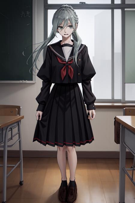 masterpiece, best quality, highres, Sharp focus, dslr photo, HD, UHD, 8K, school, classroom, subaru hoshina, 1girl, solo, long hair, skirt, shirt, long sleeves,   school uniform, ponytail, grey hair, pleated skirt, shoes, serafuku, puffy sleeves, sailor collar, black footwear, neckerchief, brown footwear,  loafers, Standing, making a 'stuck out tongue' face <lora:HoshinaSubaruV2:0.85>