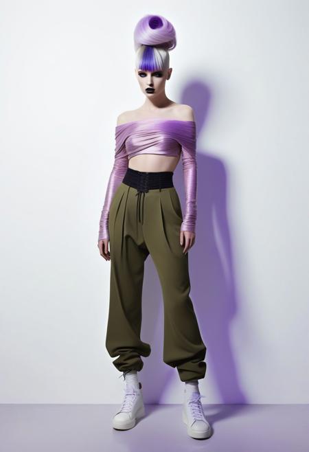The image is a high-resolution photograph of a person with a striking, avant-garde hairstyle and fashion style. The subject is a young woman with a pale complexion and a bold, futuristic hairstyle. Her hair is styled in a dramatic, asymmetrical fashion, with one side shaved close to the scalp and the other side styled in long, straight strands that transition from a base of platinum blonde to a vibrant, electric purple at the ends. The image is a high-resolution photograph featuring a woman with a striking, avant-garde hairstyle and makeup. She has long, straight hair that is dyed a pastel pink color with subtle lavender highlights. Her hair is styled in a blunt, straight cut with bangs that cover her forehead. The most striking feature is the hair extensions, which are made to look like a cascade of shimmering, iridescent strands, creating a mesmerizing, almost ethereal effect. The image is a photograph of a stylish individual standing in a modern, minimalist living space. The person is dressed in a chic, avant-garde outfit. They are wearing a long-sleeve, off-the-shoulder, olive-green top that fits snugly and a pair of high-waisted, voluminous, olive-green pants with ruched fabric, creating a dramatic, textured effect. The pants are paired with white sneakers with black laces and a casual, laid-back vibe.