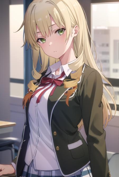 yumikomiura, <lora:yumiko miura s2s3-lora-nochekaiser:1>, 
yumiko miura, long hair, blonde hair, (green eyes:1.3), drill hair,
BREAK skirt, ribbon, school uniform, jacket, black jacket, plaid, plaid skirt, blazer, sobu high school uniform,
BREAK indoors, classroom,
BREAK looking at viewer, (cowboy shot:1.5),
BREAK <lyco:GoodHands-beta2:1>, (masterpiece:1.2), best quality, high resolution, unity 8k wallpaper, (illustration:0.8), (beautiful detailed eyes:1.6), extremely detailed face, perfect lighting, extremely detailed CG, (perfect hands, perfect anatomy),