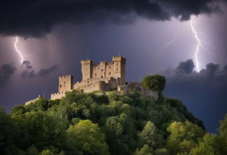 photograph surrounded by trees at the bottom and leaves at the top in the foreground, in the background in the center old castle on a cliff and stormy sky with lightning