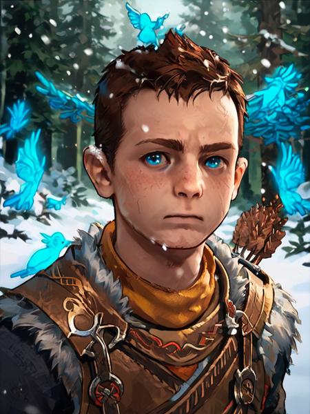 Atreus, brown hair blue eyes male focus, weapon, arrow (projectile), bow (weapon), armor, quiver, looking at viewer