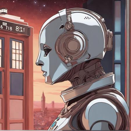 A frame from the show Doctor Who featuring a cyberman Lofi girl  <lora:SDXL-LofiGirl-Lora:1>, Very detailed, clean, high quality, sharp image