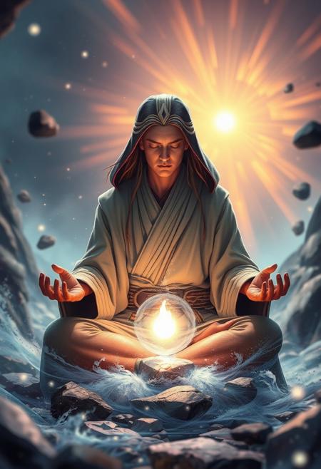 force user, cultivating, midichlorians, mystical energy, glowing particles, (cosmic aura:1.4), intense focus, meditation, floating rocks, (energy field:1.5), intricate details, photorealism, swirling light, (highres:1.3), cinematic lighting, otherworldly, dynamic motion, ethereal glow,  (blurry:-1.3), (ugly:-1.3), (lowres:-1.5), (flat:-1.4), (muted colors:-1.6), (cartoon:-1.2), (sketch:-1.2), (anime:-1.3), (text:-1.4), (watermark:-1.5), (cgi:-1.4)