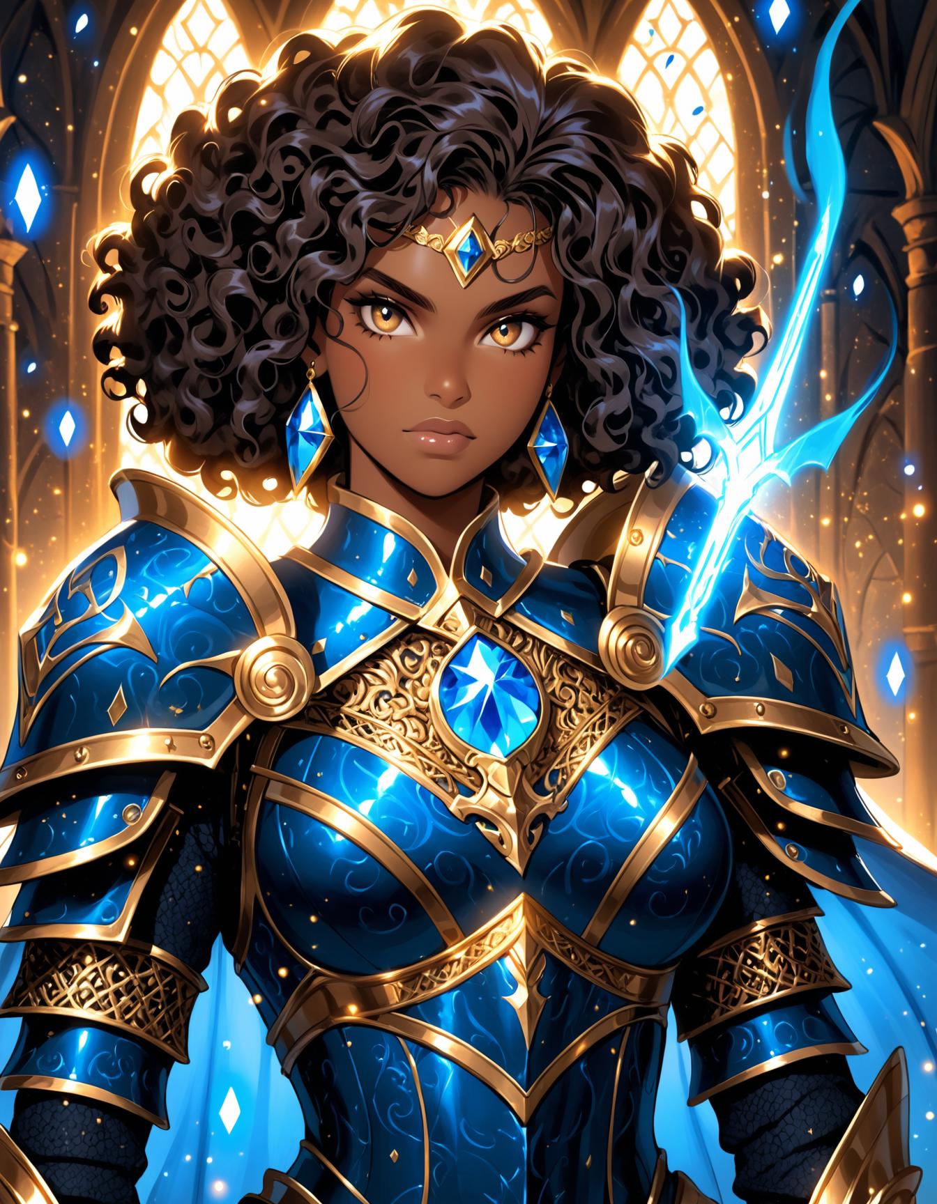 dark-skinned warrior woman, curly hair, intricate blue and gold armor, glowing blue gems, medieval fantasy, ornate armor, regal warrior, detailed face, highly detailed, full body armor, blue and gold aesthetic, serious expression, heroic stance, magic runes, highly detailed background, magical aura, glowing gems, fantasy setting, majestic pose