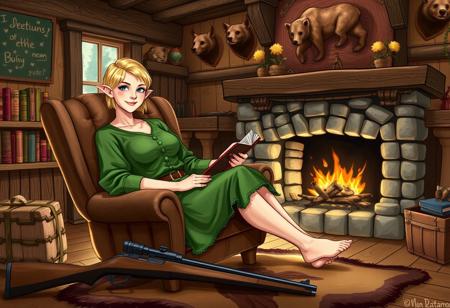 Lovingly drawn artwork showing interior of a cozy countryside cabin with a fireplace, bookshelf and wall lined with bear trophies. A smiling elven ranger clad in green tunic that hugs her lithe and athletic build is relaxing in a comfortable armchair with a book in her hand and smile on her lips, her perky face framed by short blonde hair and her blue eyes alight with feeling of job well done. Her bare feet are resting on a bearskin rug. A long rifle is lying on a table next to her.