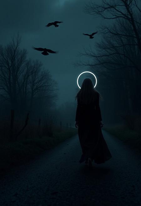 Close up shot: She spoke to me, approaching me
On a road so dark and dreary
Her black halo walked by me
Disappearing so far behind
She travelled not alone
An old wife followed on her side
And snakes crawled behind her steps
And crows circled overhead