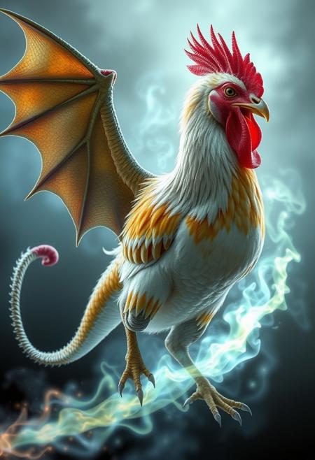 image showing a dragon mid-transformation into a chicken. The dragon's features, such as scales, wings, and claws, will partially blend with the emerging chicken form, like feathers and a beak. The scene will capture the mystical energy of the metamorphosis, with glowing light or magical aura surrounding the creature as the transformation takes place.