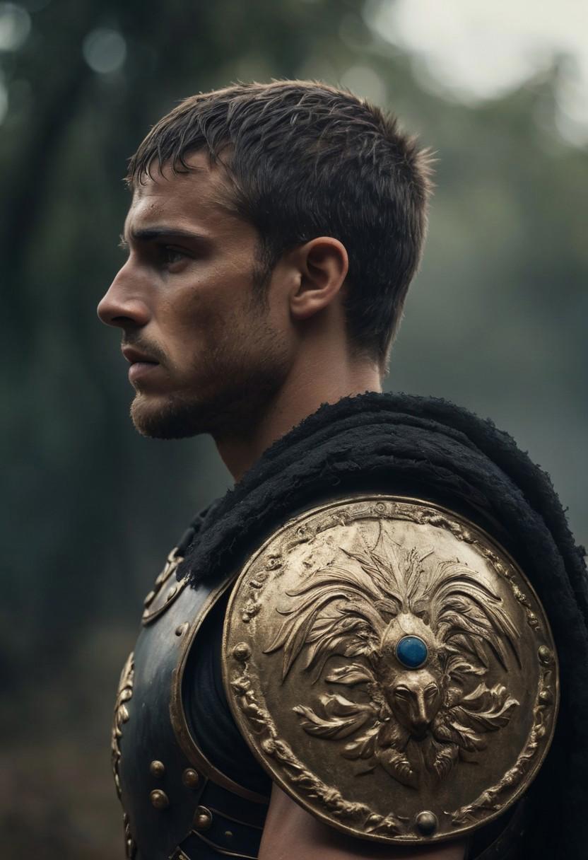 Side View of a young Roman Warrior wearing a shield on his back,Overgrown,mystic,ethereal,darkness,muscular,spartan, clean shaven,extreme detailed and ornamented armor,black armor,gold ornament,
atmospheric haze,Film grain,cinematic film still,shallow depth of field,highly detailed,high budget,cinemascope,moody,epic,OverallDetail,2000s vintage RAW photo,photorealistic,candid camera,color graded cinematic,eye catchlights,atmospheric lighting,imperfections,natural,shallow dof,dynamic_angle,full body,<lora:RMSDXL_Darkness_Cinema:0.8>,<lora:RMSDXL_Enhance:0.8>,,
high resolution,extreme detail