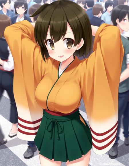 Hiryuu orange kimono and green hakama short skirt carrier-inspired flight deck accessory secured with white cord around the waist