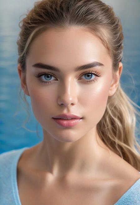 hyper realistic and detailed photo of a cute 18 yo female swimmer, shallow depth of field, cleavage, two-packs abs, golden blonde straight messed up hair, straight waist, realistic textures, 8k movie still, cinematic, looking at viewer, straight hip, narrow hip, small hip, small round shape butt, tiny breasts, long muscular legs, Youthful, radiant complexion with fair skin. 
Her facial structure is characterized by soft, rounded features with a gentle jawline that complements her overall delicate visage. The eyebrows above are well-defined, arched gracefully, adding to the intensity of her gaze. Her hair, a rich golden brown, is pulled back into a high ponytail that cascades in gentle waves, framing her face elegantly. Her lips are full and appear soft, providing a neutral yet inviting expression. The subject's nose is proportionate to her face, with a subtle, rounded tip that harmonizes with her soft facial features.
The eyes are a distinctive feature, conveying a remarkable depth of color   a shade of light blue. Her irises are ringed with a darker blue hue. Her pupils are centered and clear. The eyelids are smooth, with a subtle crease that adds depth to her eye structure. Her lashes are of a lighter brown, long and evenly spread, curling gently upwards. Deep set eyes.