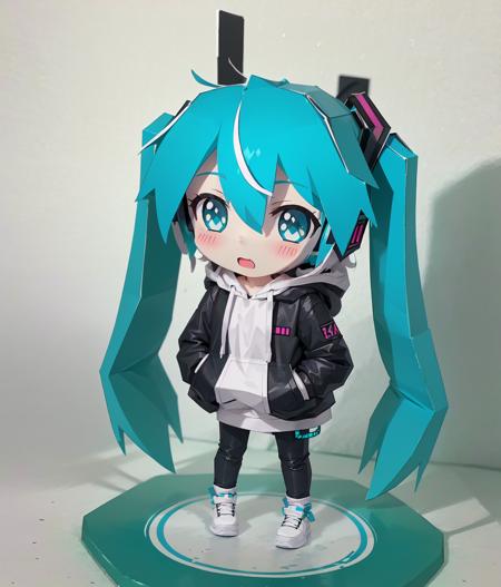 papercraft, 1girl,chibi, solo, long hair, green eyes, very long hair, shoes, full body, twintails, headphones, hood, multicolored hair, standing, white hair, white footwear, looking at viewer, gradient hair, jacket, hand in pocket, hood down, long sleeves, drawstring, simple background, hoodie, open clothes, hair between eyes, bangs, black pants, sneakers, closed mouth, black jacket, open jacket, pants, nail polish, white background, grey background, animal ear headphones, pink hair, blush, hatsune miku, purple hair, blue hair