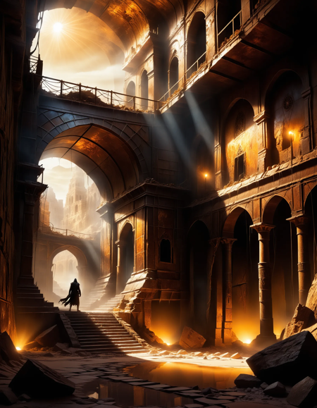 masterpiece, best quality, amazing quality, very aesthetic, absurdres, highly detailed, cinematic, 
underground city, cracked crystals, glowing golden light, light inside crystals, ancient stone buildings, ruined architecture, fantasy ruins, mysterious underground, giant spider monster, 
glowing spider eyes, fantasy underground world, magical crystals, golden glow mist, dark cavern city, decayed temple, web-covered ruins, ancient fantasy city, mythical underground monster, spider crawling wall BREAK
A vast underground city stretches endlessly beneath the earth, where cracked magical crystals jut from the walls and floor, glowing with a soft golden light from within. Ancient stone buildings lie in ruins, their surfaces worn and broken by time. Thick webs cling to the structures, hinting at the presence of a massive spider-like monster lurking in the shadows, its glowing eyes piercing the darkness. Golden mist drifts through the air, swirling around floating rocks and overgrown temples. The entire scene is bathed in a mysterious, dreamlike atmosphere, lit dramatically from within the crystals, casting eerie reflections across the cavernous space.
 <lora:dvr-rst:0.8> , dvr-rst