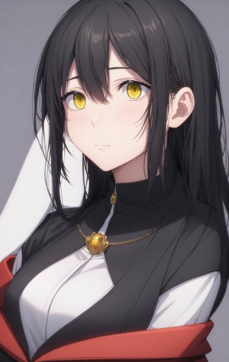 ((best quality)), (((masterpiece))), 1girl, simple background, black hair, yellow eyes, ringed eyes, red and black jacket