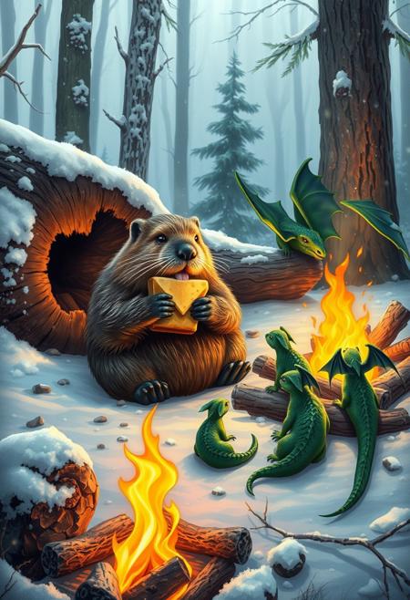 Realistic beaver sitting nearby fallen tree next to  a  big campfire and  eating a sandwich with cheese  and holding a cup of tea, sitting with a group of little green dragons with dark green wings , with details, snow, snowy, winter forest, vivid colors, details seen under an electron scanning microscope