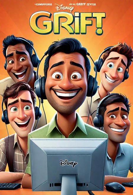 movie poster featuring indian men in call center smiling confidently into a computer monitor with smug expressions, happy vibe, (disney pixar style:1.2), with the title text logo "GRIFT CARD" in a big funny font