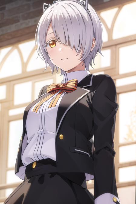 chartreuxwestia, <lora:chartreux westia s1-lora-nochekaiser:1>,
chartreux westia, short hair, bangs, (yellow eyes:1.3), grey hair, (hair over one eye:1.5), smile,
BREAK skirt, shirt, bow, school uniform, jacket, white shirt, striped, bowtie, black skirt, red bow, white jacket, tiara, striped bow,
BREAK indoors, classroom,
BREAK looking at viewer, (cowboy shot:1.5),
BREAK <lyco:GoodHands-beta2:1>, (masterpiece:1.2), best quality, high resolution, unity 8k wallpaper, (illustration:0.8), (beautiful detailed eyes:1.6), extremely detailed face, perfect lighting, extremely detailed CG, (perfect hands, perfect anatomy),