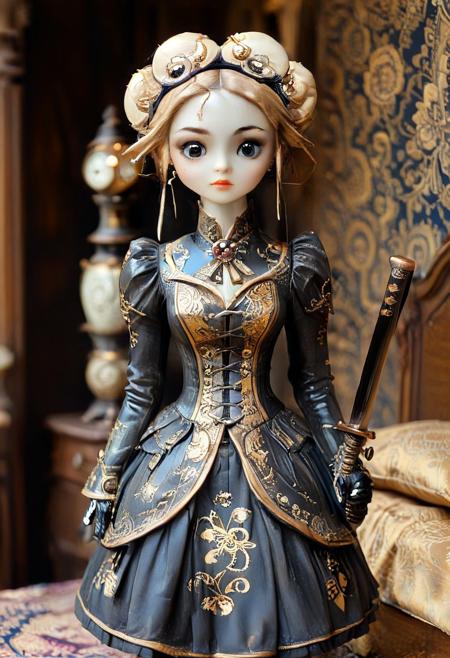 score_9, score_8_up, score_7_up, score_6_up, cartoon, ,CreepyCuteMagical , 
ceramic porcelain anthro automaton girl, mechanical joints  wearing   gold and bronze stempunk dress, holding ceramic katana, 
victorian bedroom background,
, dark theme,