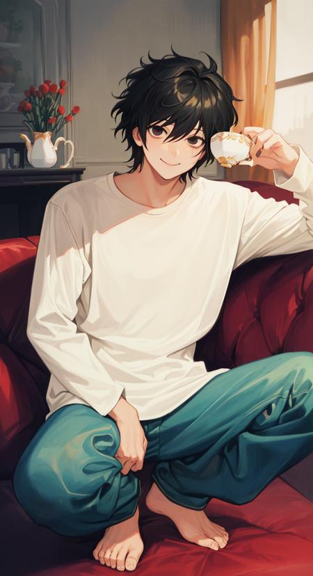 masterpiece, ultra detailed, highres, 1boy, (Lawliet squatting with his feet up on a red couch while drinking out of a teacup), smile, spiked hair, black hair, white shirt, denim pants, looking at viewer, black eyes, slouch, detailed background, living room, dimly lit, strawberry cake, <lora:Lawlietv1:0.8>