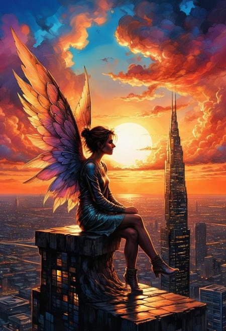 Cute girl with wings sit on the edge of pixie style, skyscraper, sunset, clouds, absurdres divine aesthetic  FaeTastic extravaganza alcohol ink sketch, amazing, fine, detailed, masterpiece, lovely, charming, awe-inspiring, radiant, magnificent
<lora:InkArtXL_1.2:0.4> <lora:FaeTastic:0.35> . award-winning, professional, highly detailed . extremely high-resolution details, photographic, realism pushed to extreme, fine texture, incredibly lifelike, high contrast