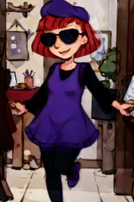 <lora:Judy Funnie V2:0.85> judy_funnie, red hair, sunglasses, shaved sides of head, purple beret, purple dress, black undershirt, indoors, smile, black stockings, day time, masterpiece, highest quality, highest quality visuals, highest details