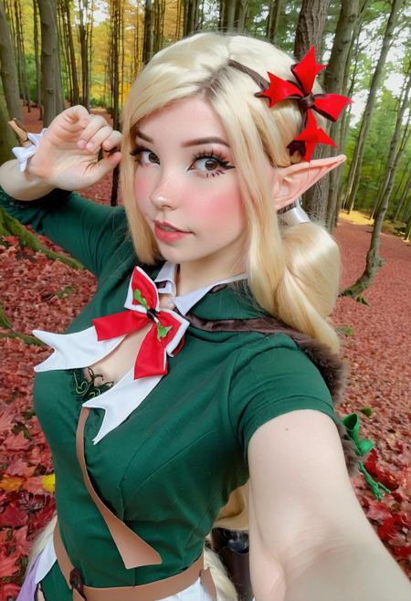 Belle Delphine, a upper body picture of a blonde haired woman doing and elf cosplay with a bow in a autumn forest