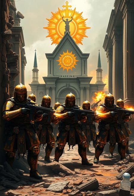 In the midst of a war-torn city, a squad of armored warriors stands firm, defending the Church of the Blazing Sun. Their armor, a blend of medieval craftsmanship and modern combat gear, shines with golden sun motifs, reflecting the divine light from the radiant church behind them. The warriors, armed with powerful rifles and machine guns, brace for the next wave of attackers.
Crouched behind crumbling walls and debris, they keep their guns trained on the advancing enemy forces. Some take position at the church’s shattered columns, machine guns resting on makeshift barricades. Their weapons, marked with the sun's insignia, emit bursts of gunfire as they fire with precision, keeping the enemy at bay.
The church looms large in the background, its blazing sun symbol glowing fiercely amidst the smoke and destruction. Flames flicker in the distance, casting long shadows over the warriors as they stand united, their devotion unwavering. With disciplined movements and sharp coordination, they prepare to defend the sacred ground from being overtaken.
As the battle rages, the warriors' rifles echo through the broken streets, a symbol of their enduring resolve to protect the Church of the Blazing Sun against the chaos surrounding them.