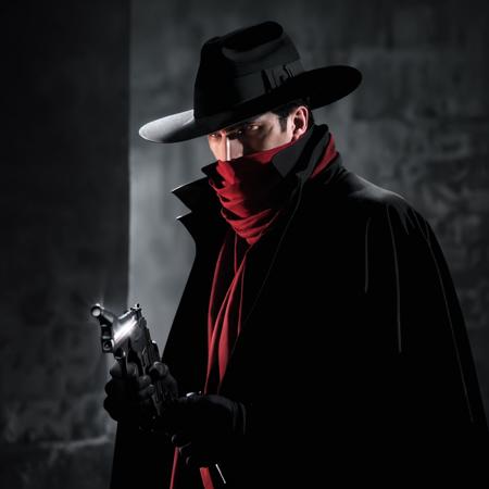 1boy, hat, holding weapon handgun revolver, dual wielding, scarf, mask, fedora, trench coat, red scarf, cape, black gloves