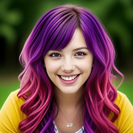 A cute beautiful young woman with colorful hair smiles playfully at the viewer
