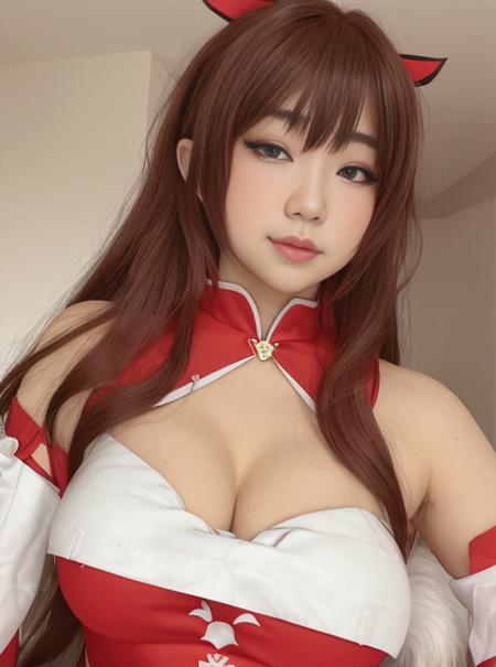 Tsikyo woman wearing a red cheerleading uniform, brown eyes, dark blonde hair, hyper realistic, 4k, masterpiece, beautiful, facing the viewer, headshot, ((white skin)), cleavage