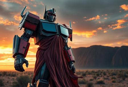 Create a highly detailed, 8K resolution image of Optimus Prime as an old man, specifically a robot Battle Footballer, with a robust, stocky body, wearing a long, tattered dress in red or blue hues, set against the breathtaking backdrop of an Ayers Rock sunrise. Implement a toon rendering style with tone mapping, subsurface scattering, and atmospheric effects. The image should exhibit lifelike details and follow the golden ratio. Use an Octane render with post-processing to achieve a hyper-detailed, HD photo quality finish.