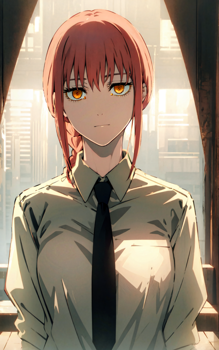 (((masterpiece))), best quality, 1girl, yellow eyes, ((white collared shirt)), red hair, braided hair, 1braid, ringed eyes, simple background, black necktie, Makima, makima \(chainsaw man\), looking at viewer, solo, upper body