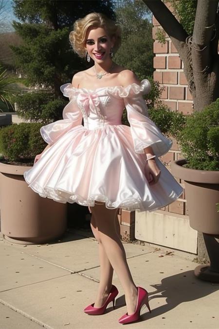 smile, teeth, eyes, nose, lips, chin, brows, face, hands, legs, feet, heels, earrings, heavy makeup, long eyelashes, pink, organza off the shoulder ruffled, dress, long sleeves, necklace, blonde hair, updo curls, stockings, high heels, jewelry, petticoats, fanned skirt, sidewalk, bricks, trees, bushes, collarbone, long neck, blue sky, 00sissy02,
