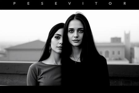 The image is a black and white portrait of two young women standing side by side on a rooftop. They are both looking directly at the camera with serious expressions on their faces. The woman on the left has long dark hair and is wearing a long-sleeved top, while the woman in the middle has long, straight hair. The background is blurred, but it appears to be a cityscape with buildings and a cloudy sky. The image is framed by a black border with the word "PESEVITOR" written in white at the top.