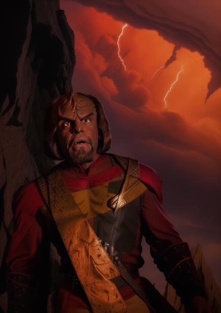 blood stained vasquez rocks, giant tng-worf++ holding a sword, withLora(_add_detail,0.55) withLora(style_deathia_yiu_v10,0.25) withLora(n47-v1-tng-worf,0.75) blood red stormy skies, lightning, moon, cinematic lightning, klingon hell