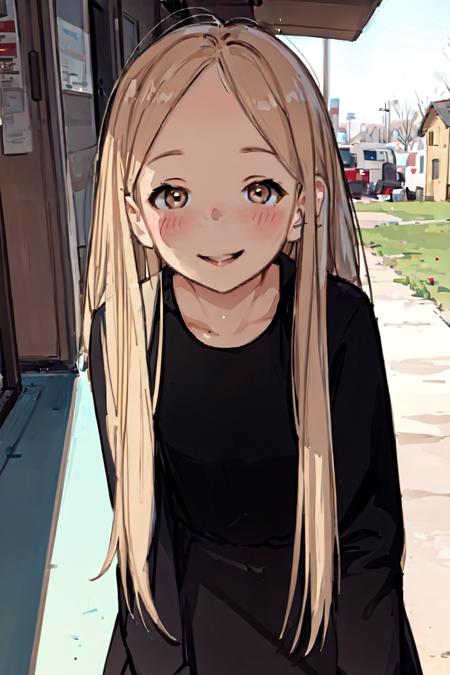 girl,outdoors,open eyes,smile,dress,long hair,blond hair,luimi,<lora:luimi_v2.0:0.7>