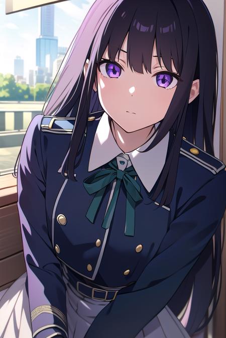 takinainoue, <lyco:takinainoue-LYCORIStest:1>, inoue takina, long hair, bangs, black hair, (purple eyes:1.2), BREAK shirt, long sleeves, dress, ribbon, school uniform, white shirt, collared shirt, belt, neck ribbon, blue dress, green ribbon, pleated dress, grey dress, two-tone dress, blue belt, lycoris uniform, BREAK outdoors, city, BREAK <lora:GoodHands-vanilla:1>, (masterpiece:1.2), best quality, high resolution, unity 8k wallpaper, (illustration:0.8), (beautiful detailed eyes:1.6), extremely detailed face, perfect lighting, extremely detailed CG, (perfect hands, perfect anatomy),