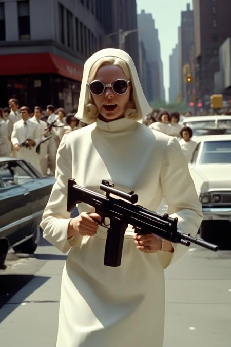 <lora:Director Martin Scorsese style:1>Director Martin Scorsese style -  dress in a white nun habit, with a Machine Gun in her handshappy, hilarious, new york city street, year 1969. people walking on the street, Cinematic, Photoshoot, Shot on 50mm lens, DOF, all focus, sharp,  1 1000, F 22, White Balance, 32k, Super-Resolution, Megapixel, Pro Photo RGB, VR, Lonely, Good, Massive, Half rear Lighting, Backlight, Dramatic Lighting, Incandescent, Optical Fiber, Moody Lighting, Cinematic Lighting, Studio Lighting, Soft Lighting, Conte-Jour, Beautiful Lighting, Accent Lighting, Global Illumination, Screen Space Global Illumination, ] Global Illumination, Optics, Scattering, Glowing, Shadows, Rough, Shimmering,  Reflections, Lumen Reflections, Screen Space Reflections, Diffraction Grading, Chromatic Aberration, Scan Lines, ray Tracing Ambient Occlusion, FKAA, TXAA, RTX, SSAO, Shaders, OpenGL-Shaders, GLSL-Shaders, Post Processing, Post-Production, Cell Shading, Tone Mapping, CGI, VFX, SFX, insanely detailed and intricate, hyper maximalist, elegant, super detailed, dynamic pose, photography, volumetric, ultra-detailed, intricate details, 8K, super detailed, ambient light