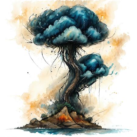 landscape scenery, watercolor and ink style, white background, artistic and abstract, key visual, ink painting art, vibrant colors, minimalism, soft brush strokes, thunderstorm  <lora:Cute_Drawing:0.8> <lora:hyperkraximalism_v1-1:0.8>