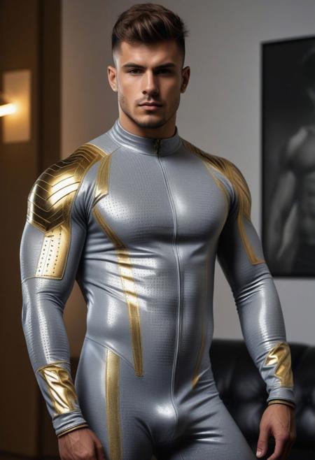 a strong 24-year-old italian hunk bodybuilder male, with a fringe up hairstyle, detailed face, mindless expression,  wearing a skin tight light-gray rubber catsuit with silver and gold electronics circuits patterns, on a modern living room, standing at attention pose, full body visible, looking at viewer, portrait, photography, detailed skin, detailed rubber texture, realistic, photo-realistic, 8k, highly detailed, full length frame, High detail RAW color art, diffused soft lighting, shallow depth of field, sharp focus, hyperrealism, cinematic lighting
