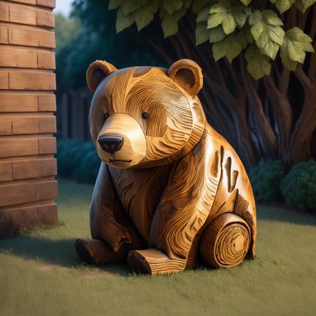 a (woodcarvingcd, shiny:1.2) bear, simple toy, toy model, sitting on lawn, (solo:1.2), <lora:woodcarvingcd-000008:1.0>, no humans, high quality, masterpiece, realistic, photorealistic, (outdoors, lawn)