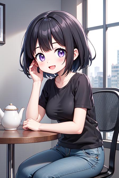 (masterpiece, best quality, ultra-detailed, best shadow), (extremely detailed CG unity 8k wallpaper:1.2), 1girl, (short hair), (black hair:1.2), (wavy hair:1.1), (medium breast:1.1), (round face:1.2), (happy:1.0), (violet eyes:1.2), (kawaii:1.2), (chibi:0.9), (open mouth:0.8), (looking at viewer:1.2), (smile:1.0), (shiny skin:1.2), BREAK, (room:1.1), (indoor:1.1), (table:1.2), (window:1.1), (cityscape:1.1), <lora:eyecolle_isotoma_v100:0.6>, <lora:eyecolle_apple_v100:0.3>, (sitting on chair:1.2), (cowboy shot:1.2), (black shirt:1.1), (blue jeans:1.1), teapot