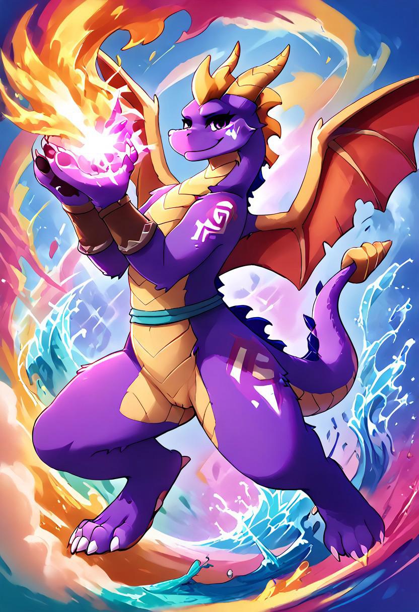 score_9, score_8_up, score_7_up, score_6_up, score_5_up, score_4_up, source_furry, source_anime, BREAK, feral dragon girl flying surrounded by violet fire, fire magic, controling fire, nature magic, druid,smiling,(, tribal outfit, tribal, tribal markings, tribal paint, tribal jewlery,leather bracers, leather straps,),spyro_fem, dragon, purple scales, yellow underbelly, yellow wings, horns, tail, 1girl, female, purple eyes, tail, furry female,  feral, female, action pose,dragon, looking at viewer, tail, female focus,full body,furry, no human,illustration, fortnitelsxl, aura, multicolored background, ((blue and violet fire background)), thick multicolored outline, background: waves of paint, reij-splshpwdr, ink lined illustration, Kemono, seth-iova,