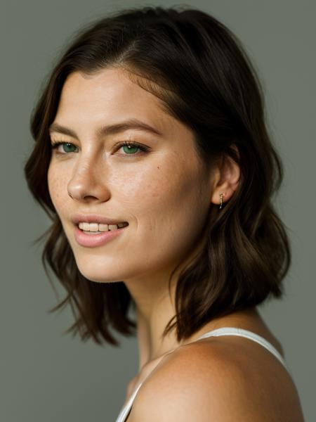 Realistic photo of a beautiful j3ss1c4b woman,  solo, looking at viewer, short hair, blonde hair, simple background, brown hair, white background, green eyes, parted lips, teeth, mole, lips, portrait, freckles, realistic, nose, mole on cheek, soft lighting, professional Photography, Photorealistic, detailed, RAW, analog, sharp focus, 8k, HD, DSLR, high quality, Fujifilm XT3, film grain, award winning, masterpiece<lora:j3ss1c4b:1.0>