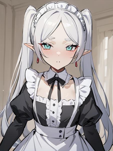 <lora:xl_Frieden:1>,Frieden is a girl with white ponytails long hair green eyes and sharp ears,maid,, masterpiece, best quality,